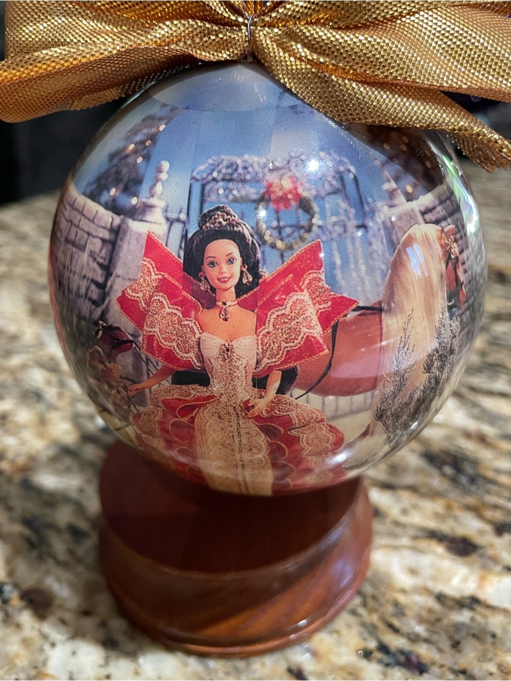 Vintage 1997 Holiday Barbie Holiday Globe Ornament with wooden stand